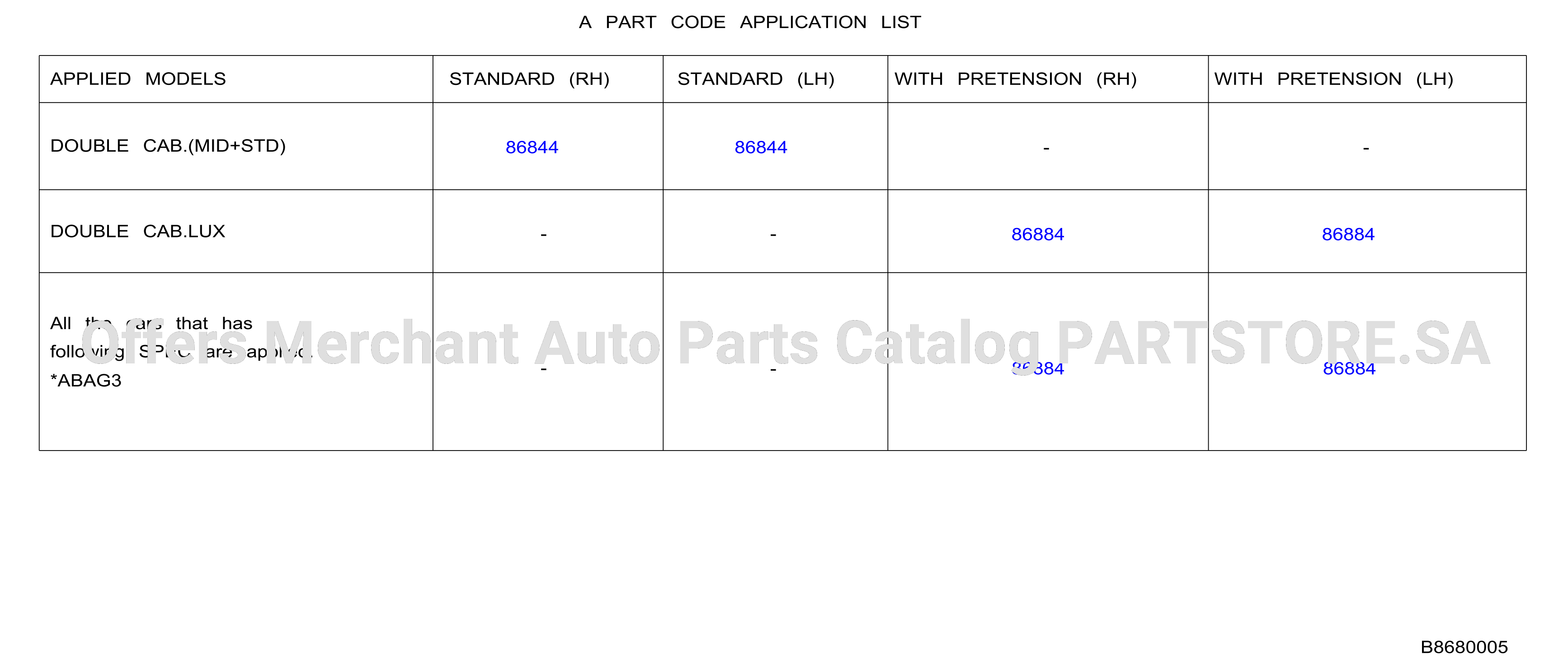 Front Seat Belt Part Code List For Seat Belt